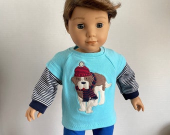 BK Aqua Long Sleeve Top with Striped Sleeves and Applique Dog with Hat and Scarf  - 18 Inch Boy Doll Clothes fits American Girl or Boy