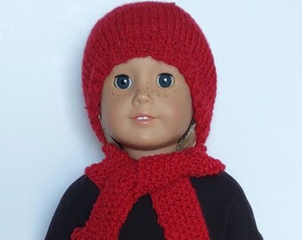 LI Red Wool Hand Knitted Ski Cap and scarf set - 18 Inch Doll Clothes fits American Girl