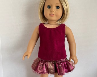 BK, Red Maroon Velour Tank with Bronze & Maroon Studded Satin Skirt Set - 18 Inch Doll Clothes fits American Girl