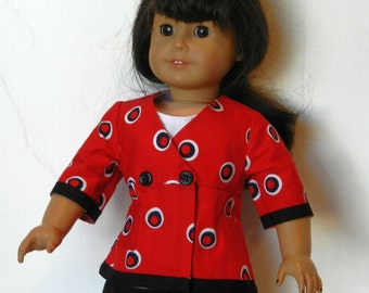 TC rojo, blanco y negro círculo imprimir chaqueta con tanque blanco y pantalones negros conjunto - ropa de muñeca de 18 pulgadas se adapta a la chica americana