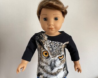 BK, Black Tee w Wise Old Owl Graphic - 18 Inch Boy Doll Clothes fits American Girl or Boy