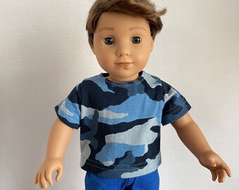 BK, Blue and Navy Camouflage (or Camo) Tee - 18 Inch Boy Doll Clothes fits American Girl or Boy