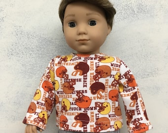 BK White Brown Orange Football Helmets Long Sleeve Tee - 18 Inch Boy Doll Clothes fits American Girl or Boy