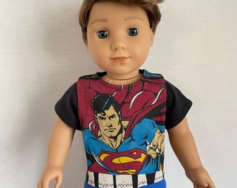 BK, Black Tee w Red, Blue, and Yellow Superhero Graphic - 18 Inch Boy Doll Clothes fits American Girl or Boy