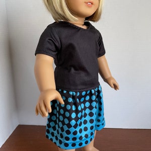 DC, Black Short Sleeve Top with Turquoise Blue & Black Dots Gathered Skirt 18 Inch Doll Clothes fits American Girl image 5