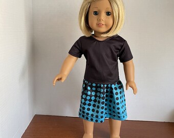DC, Black Short Sleeve Top with Turquoise Blue & Black Dots Gathered Skirt - 18 Inch Doll Clothes fits American Girl