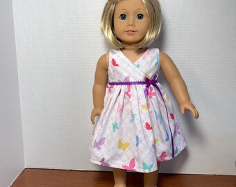 LI, White Crisscross Dress with Colorful Butterfly Print  - 18 Inch Doll Clothes fits American Girl