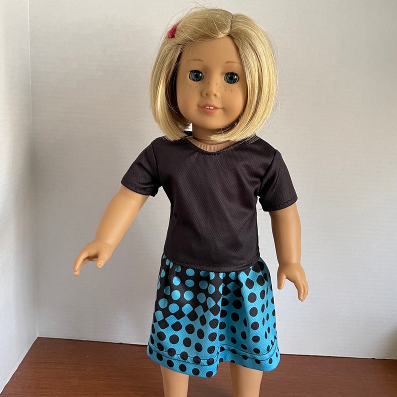DC, Black Short Sleeve Top with Turquoise Blue & Black Dots Gathered Skirt 18 Inch Doll Clothes fits American Girl image 4