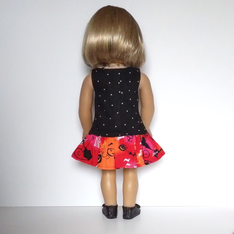 LI Black/White Polka-dot Long Bodice Dress/Red & Orange Skirt/red ribbon front/white buttons 18 Inch Doll Clothes fits American Girl image 5