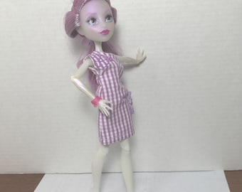 BK Purple Orchid & White Check, One Shoulder Shift Dress with Embroidered Flowers - fits 10.5 Inch Monster High Doll