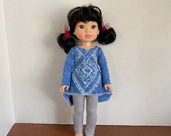 BK, Blue, White, & Silver Long Sleeve Twirly Tunic Top with Silver Pants - 14.5 Inch Doll Clothes fits AG Wellie Wishers