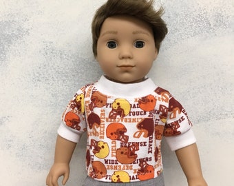 BK White Brown Orange Football Helmets Short Sleeve Tee with White Bands - 18 Inch Boy Doll Clothes fits American Girl or Boy