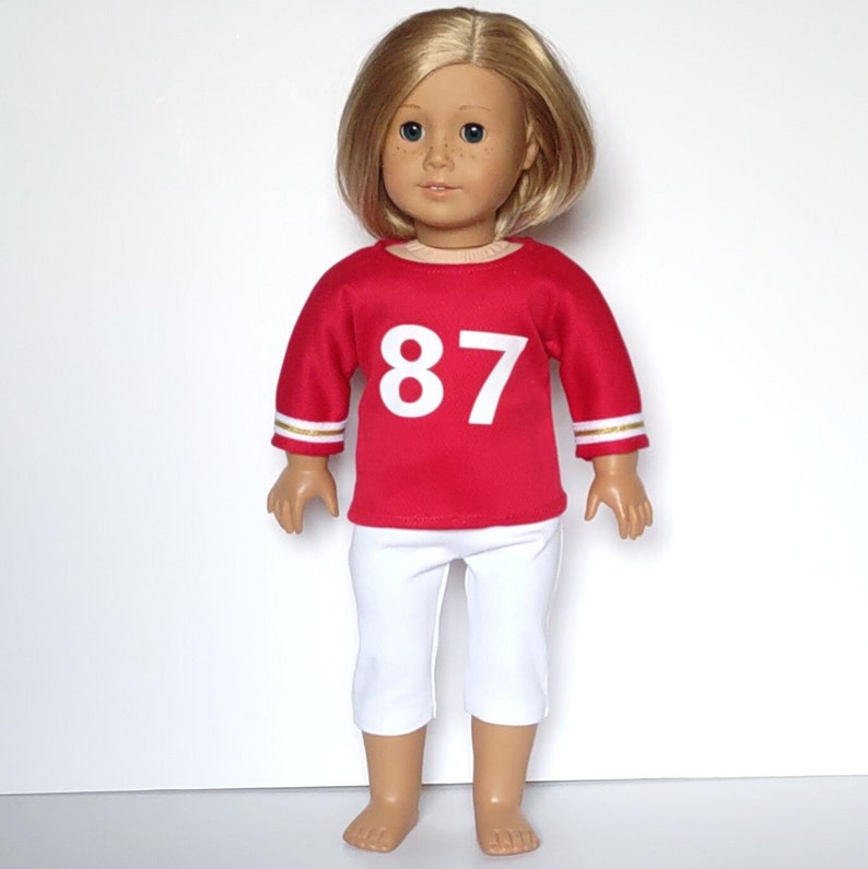 LI Red Football Jersey Number 87 and White Knit Capris 18 Inch Doll Clothes fits American Girl image 1