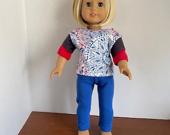 DC, Red, White, & Blue Medallion Print Tee with Double Sleeves and Royal Blue Leggings Set - 18 Inch Doll Clothes fits American Girl