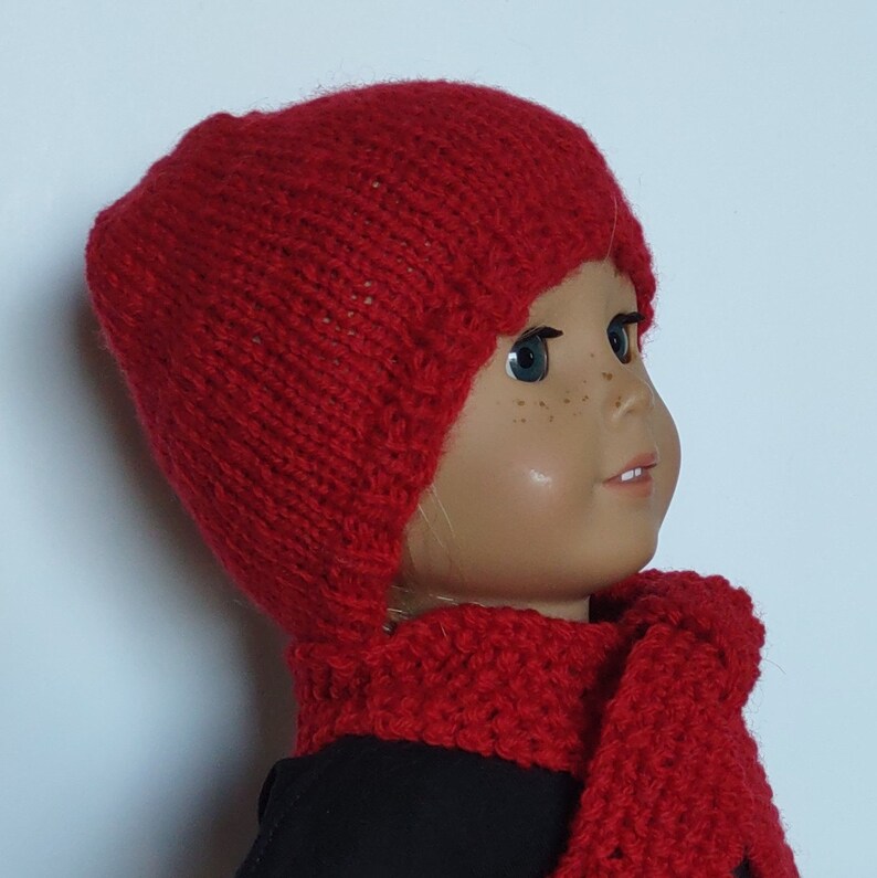 LI Red Wool Hand Knitted Ski Cap and scarf set 18 Inch Doll Clothes fits American Girl imagem 2