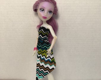 BK Black, Aqua, Blue, Green, Brown, and White, Zig Zag Stripes Dress with Asymmetrical Hem - fits 10.5 Inch Monster High Doll