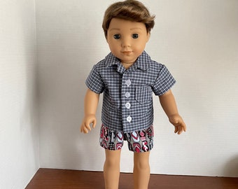 BK, Blue & Black Tiny Plaid Button Up Shirt and Flip Flops Print Shorts Set - 18 Inch Boy Doll Clothes fits American Girl or Boy