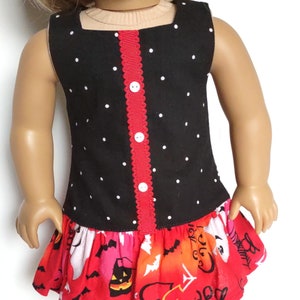 LI Black/White Polka-dot Long Bodice Dress/Red & Orange Skirt/red ribbon front/white buttons 18 Inch Doll Clothes fits American Girl image 2