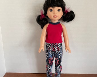 BK, Deep Red Strappy Tank with Blue & White Aztec Print Leggings- 14.5 Inch Doll Clothes fits AG Wellie Wishers