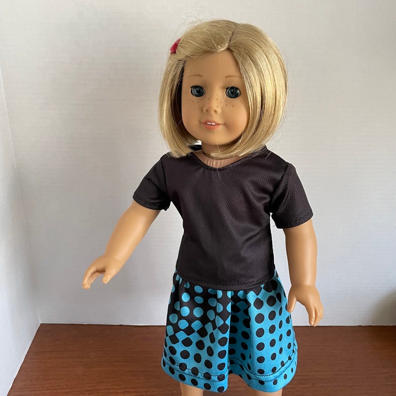 DC, Black Short Sleeve Top with Turquoise Blue & Black Dots Gathered Skirt 18 Inch Doll Clothes fits American Girl image 10