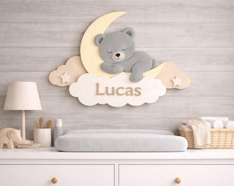 Personalized Teddy Bear Name Sign – Moon Cloud Nursery Wall Decor