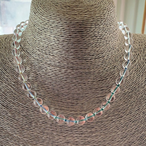 Crystal Clear Smooth Quartz Spheres Necklace on Subtle Rainbow Multicolor Cord - Sterling Silver Lobster Clasp - Runway Glamour- Summer Cool