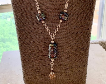 Beautiful Artisan Hand Lampworked Glass Bead Necklace with Sterling Silver - Five Matching Hand Lampworked Glass Beads - Honey Blue Sparkle