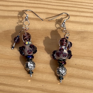 Artisan Hand Lampworked Purple Bumpy Glass Bead Earrings in Nice Dark Purple Colors with Sterling  Silver - Very Unique and Different - Cool