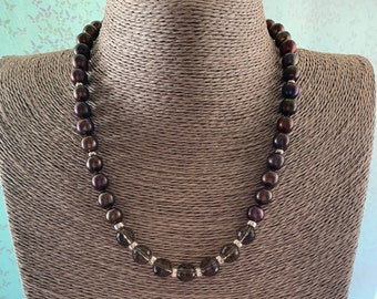 Faceted Smokey Quartz & Iridescent Chocolate Pearl Necklace with Sterling Silver - Hand - Knotted - Classic - Hot Cocoa Winters