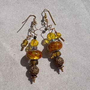 Artisan Hand Lampworked Yellow Glass Bead Earrings in Beautiful Swirls of Yellow and Orange with Sterling  Silver - Very Unique - Cool
