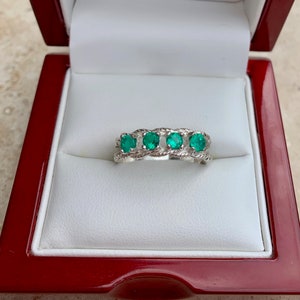 Emerald & Sterling Silver Ring - Fabulous Round Columbian Emeralds - Beautiful 4-Stone Emerald Ring - Excellent Emerald Green Color - Size 8