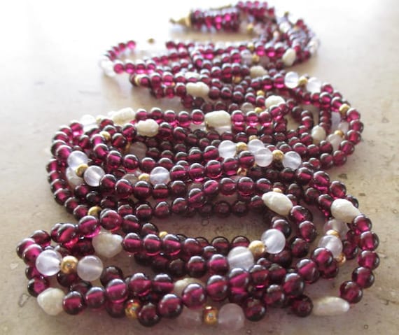 Vintage Red Garnet Freshwater Pearl Rose Quartz Necklace 14K