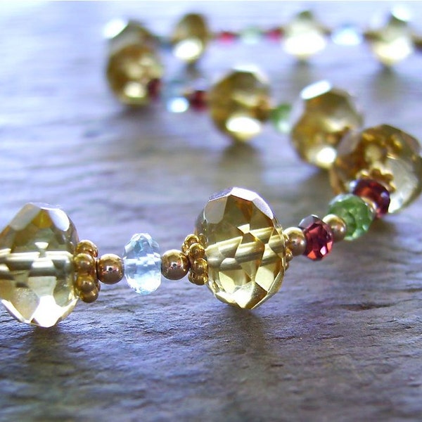 Citrine Multistone Bracelet with 14K Gold Fill, Sky Blue Topaz Peridot & Garnet Rondelles - Summer Sparkle