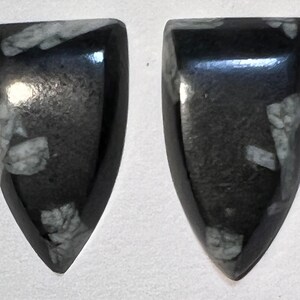 May include: Two black and white gemstone cabochons with a pointed shape. The stones have a dark gray background with white flecks.