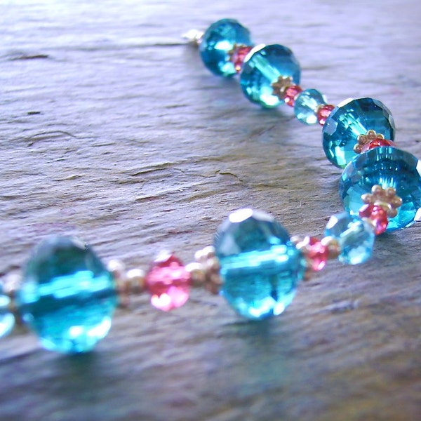 Teal Blue & Padparadsch Pink Crystal Bracelet with Sterling Silver - Cool Summer Fun