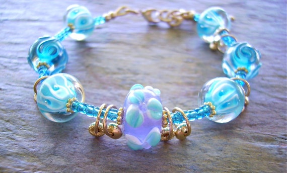 Sky Blue Lampwork Bead Bracelet with Shiny 14K Gold Filled Dangles - Aqua Vita