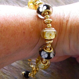 Black and Yellow European Bead Bracelet - Large Hole Beads with 14K Gold Filled Saucer and Round Beads - Eventful Evenings image 3