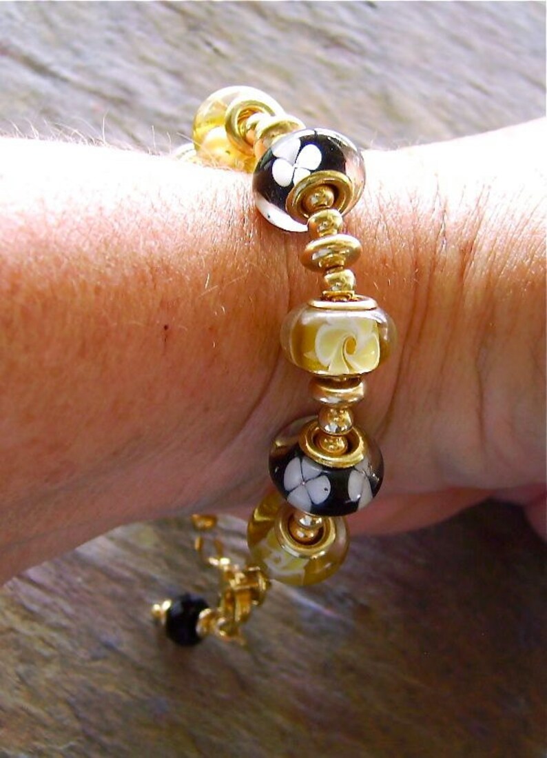 Black and Yellow European Bead Bracelet - Large Hole Beads with 14K Gold Filled Saucer and Round Beads - Eventful Evenings image 3