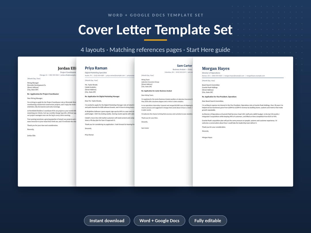 Cover Letter Template Word and Google Docs, 4 Cover Letter Templates ...