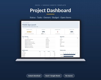 May include: A laptop screen displaying a Project Dashboard Excel and Google Sheets template for a Mobile App Launch. The interface includes sections for status, tasks, owners, budget, and open items, with data tables and progress bars.