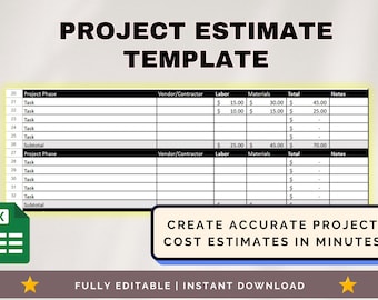 Plantilla de presupuesto para gestión de proyectos/plantilla de presupuesto de trabajo, plantilla de presupuesto imprimible en Excel/plantilla de cotización de trabajo