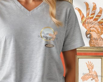 Camiseta de cuello en V de loro / Camiseta de cuello en V de cacatúa / Camiseta de cuello en V de pájaro rosa / Plumaje de plumas de guacamayo crestado parlante tropical Polly quiere una galleta