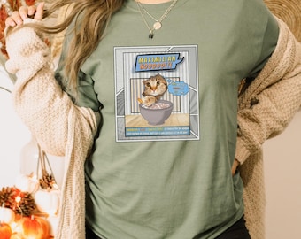 Cat Comic Style Tshirt - Comic Book Cat T-shirt - Cat eating cereal tee shirt - Funny Cat eats bowl of cereal