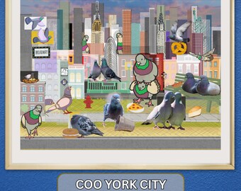pigeon new york poster - new york pigeon wall hanging - Landscape horizontal bird poster for apartment decor - sizes 14x11, 20x16, 24x18