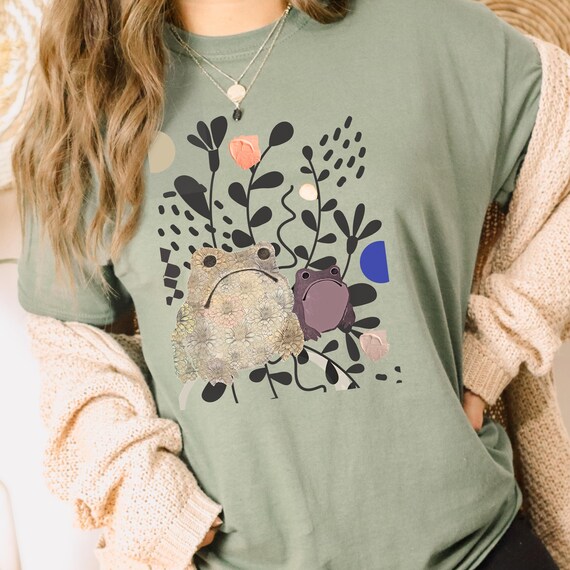 Frog Tshirt Unisex | Frogs & Flowers | Japanese Print T-shirt - Floral Design Modern Art + Japanese Frog Tee Shirt + Plants Flowers Animals