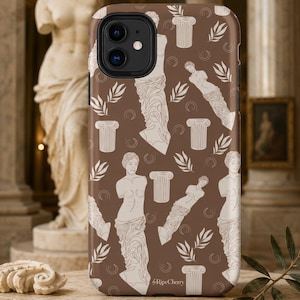 May include: A brown smartphone case featuring a repeating pattern of white line art illustrations depicting classical Greek statues, architectural columns, and laurel leaves. The text RipeCherry is printed in small white letters at the bottom.
