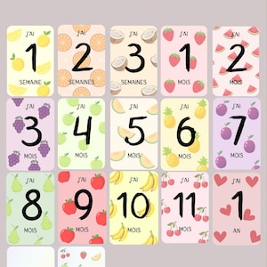 Cartes étapes bébé recto verso - FRUITS ACIDULÉS - Cartes étapes première année - mois anniversaire  - cadeau naissance-évolution