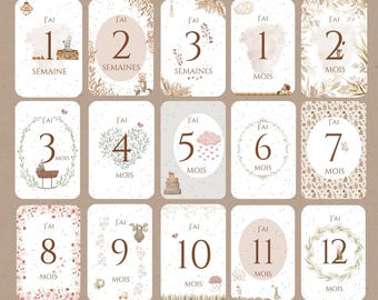 Cartes étapes bébé BOHO - première année - naissance - souvenirs bébé - évolution bébé, mois anniversaire - cadeau - grossesse