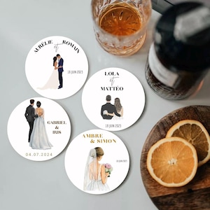 Sous verre/sous bock personnalisable pour mariage, fête, baptême, anniversaire. Papier carton épais avec vernis transparent, thèmes colorés