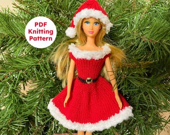 Santa Dress + Hat Christmas Doll Clothes Knitting Pattern PDF for 11.5 inch Fashion Dolls